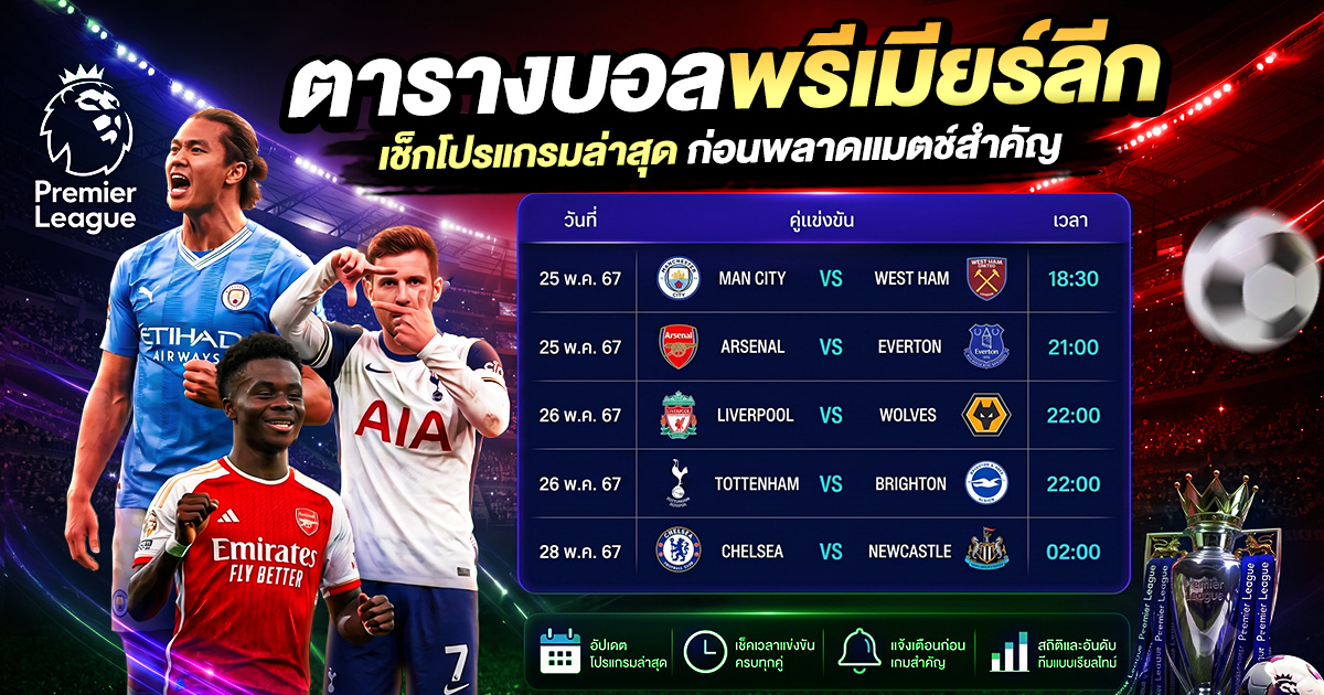 ตารางบอลพรีเมียร์ลีก เช็กโปรแกรมล่าสุด ก่อนพลาดแมตซ์สำคัญ