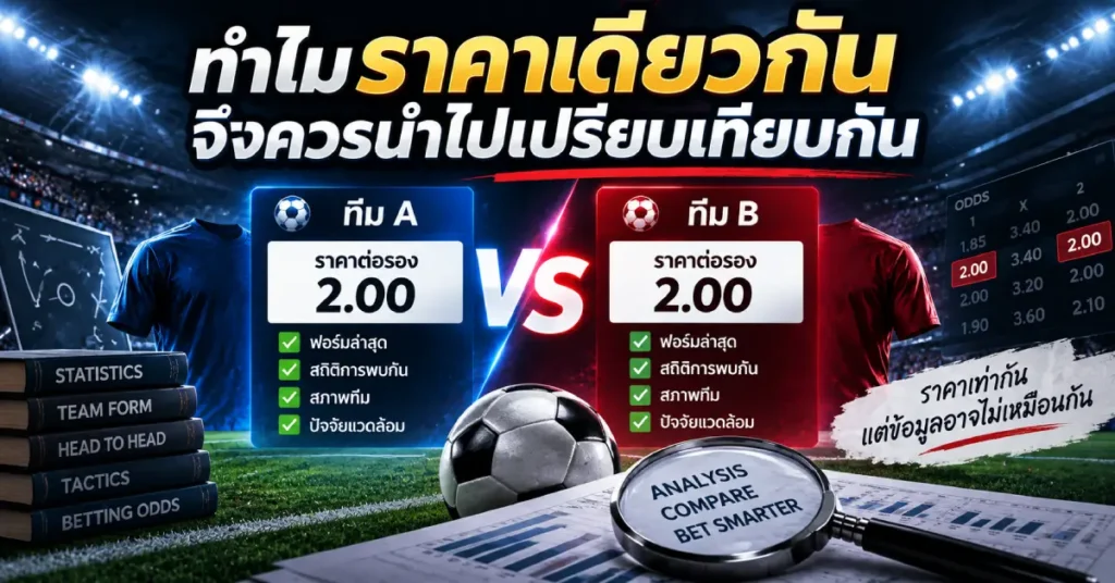 ปรียบเทียบราคาต่อรองฟุตบอลที่ราคา 2.00 เท่ากัน โดยพิจารณาฟอร์ม สถิติการพบกัน สภาพทีม และปัจจัยแวดล้อม