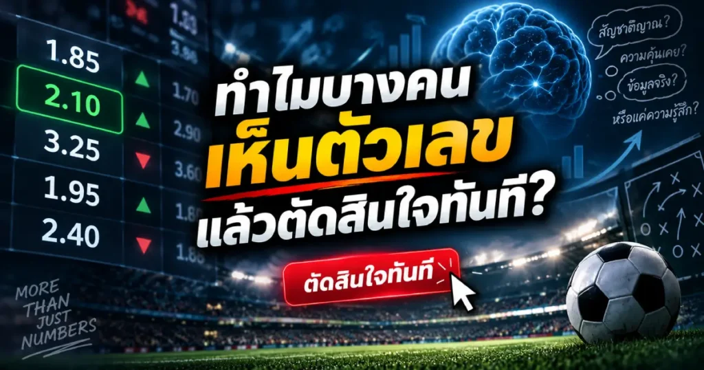 การตัดสินใจจากตัวเลขอัตราการแทงบอล แสดงราคาต่อรองฟุตบอล กราฟข้อมูล และสมองที่สื่อถึงการวิเคราะห์ก่อนตัดสินใจ